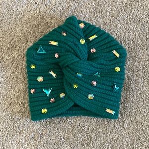 By Anthropologie teal bejeweled turban winter hat